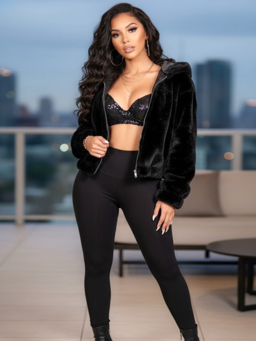 Black Faux Fur Hooded Jacket - Women J-37052